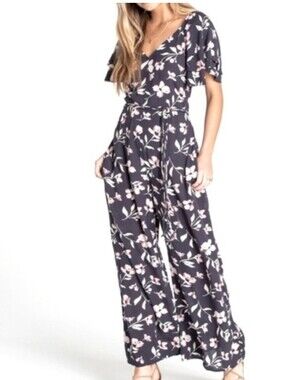 NWT Billabong Floral Wide-Leg Jumpsuit Navy Pink Size Small